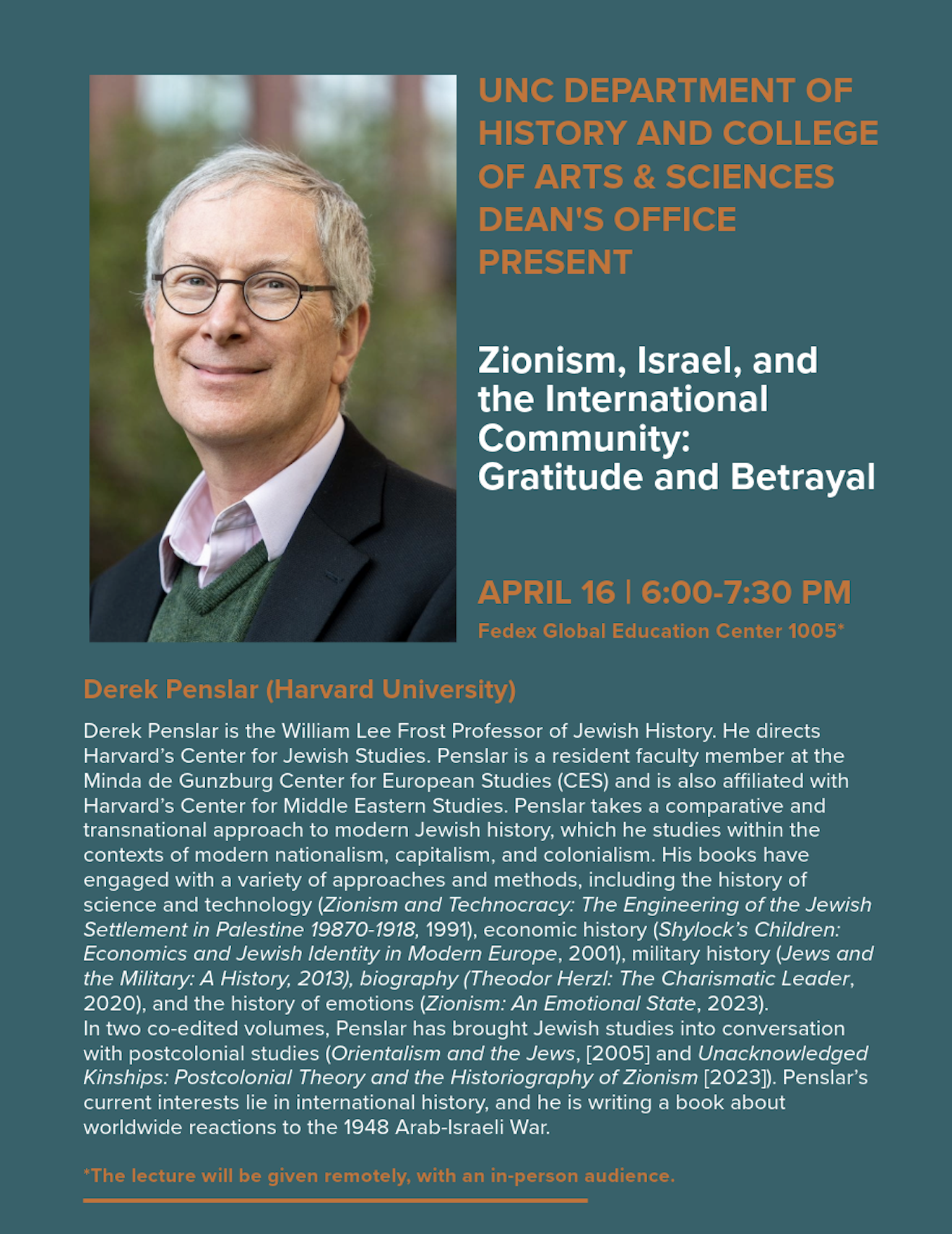 Flyer for "Zionism, Israel, and the International Community: Gratitude and Betrayal" event